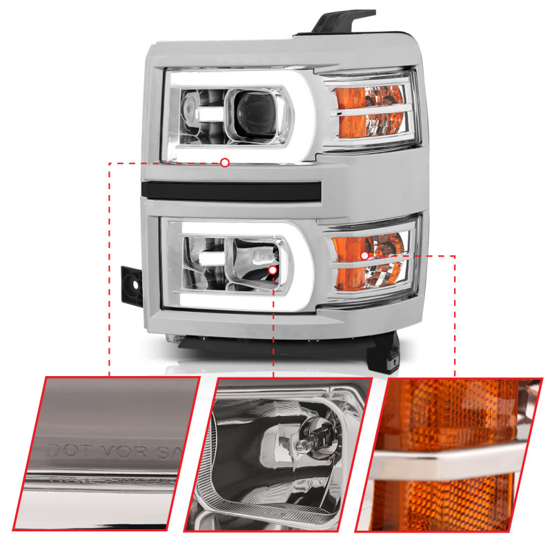 ANZO 14-15 Chevrolet Silverado 1500 Projector Headlights w/ Plank Style Switchback Chrome w/ Amber 111413