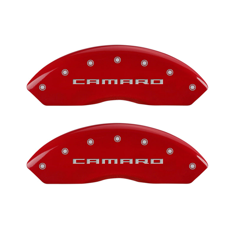 MGP 4 Caliper Covers Engraved Front & Rear Gen 5/Camaro Red finish silver ch 14240SCA5RD