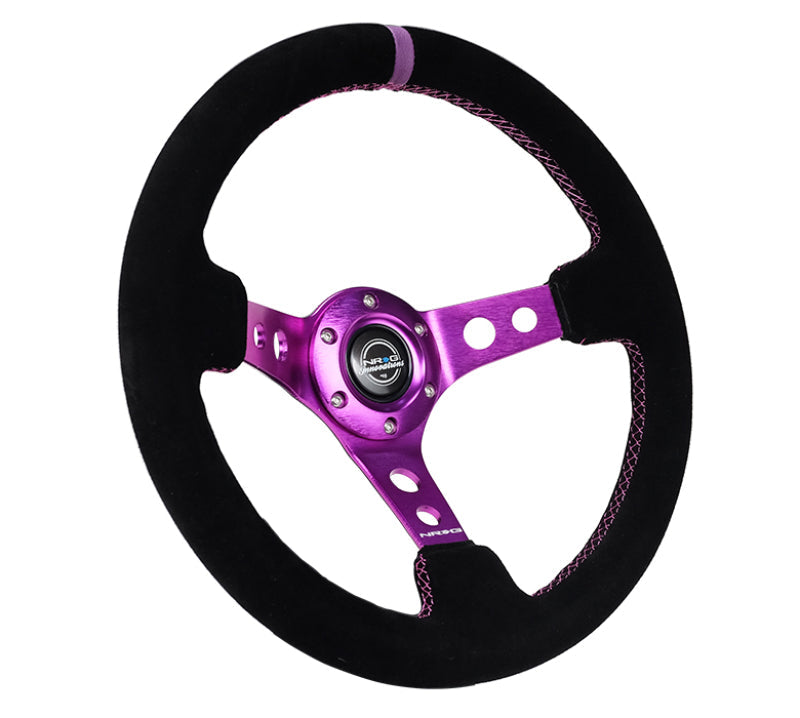 NRG Reinforced Steering Wheel (350mm / 3in. Deep) Black Suede w/Purple Center & Purple Stitching RST-006S-PP