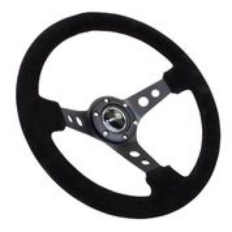 NRG Reinforced Steering Wheel (350mm / 3in. Deep) Blk Suede/Blk Stitch w/Black Circle Cutout Spokes RST-006-S
