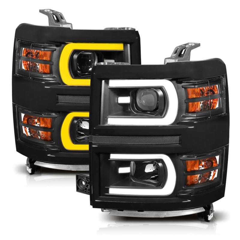 ANZO 14-15 Chevrolet Silverado 1500 Projector Headlights w/ Plank Style Switchback Black w/ Amber 111412