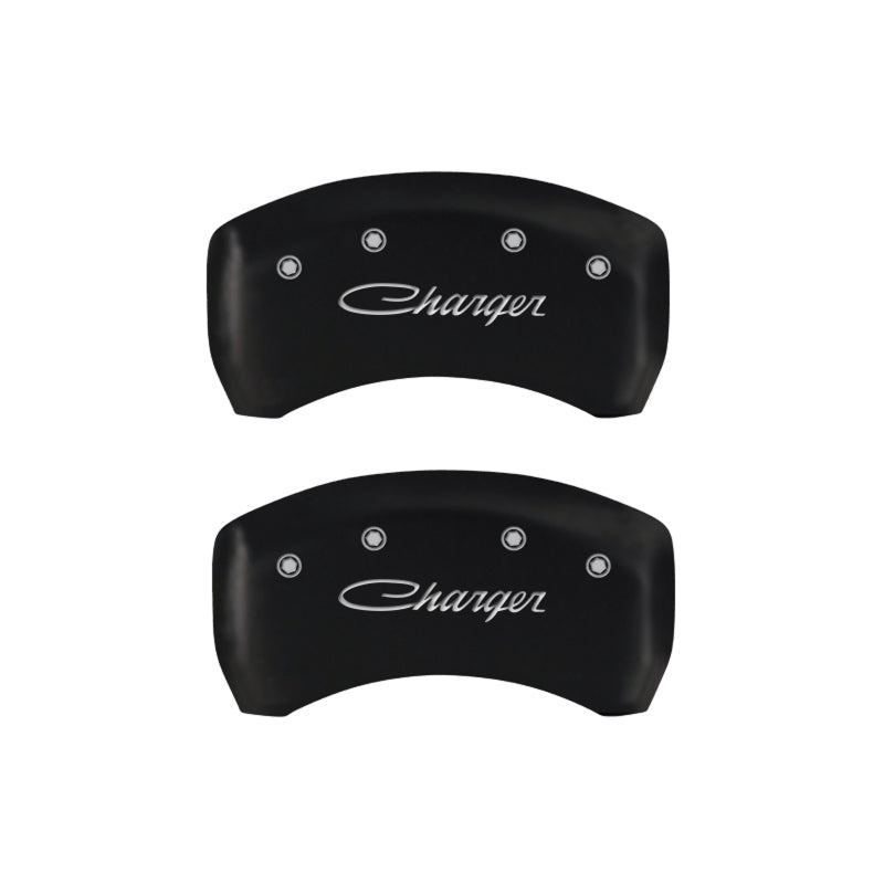 MGP 4 Caliper Covers Engraved Front & Rear Cursive/Charger Red finish silver ch 12181SCHSRD