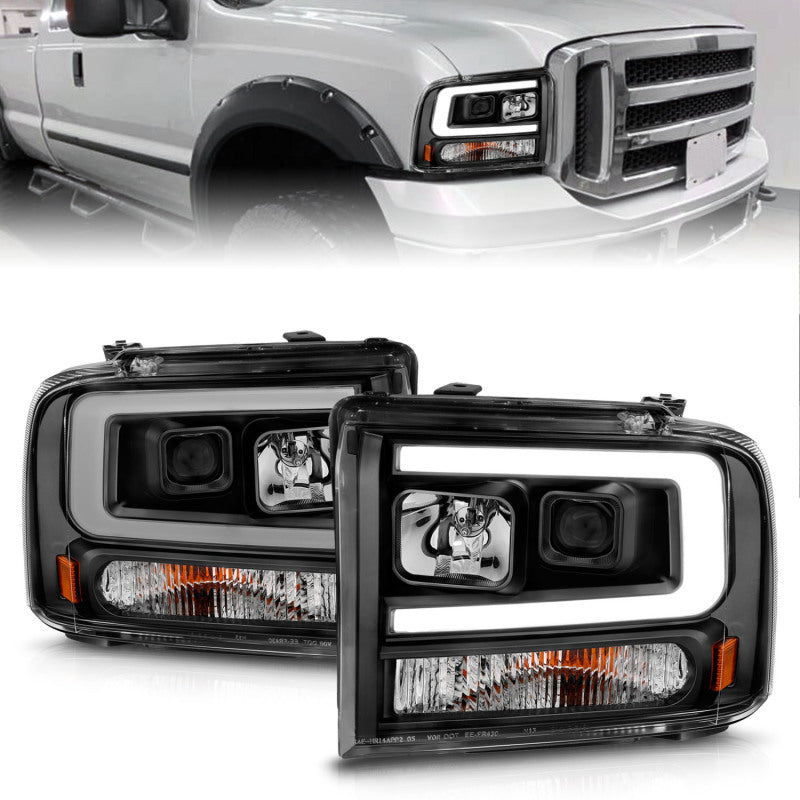 ANZO 99-04 Ford F250/F350/F450/Excursion (excl 99) Projector Headlights - w/ Light Bar Black Housing 111551