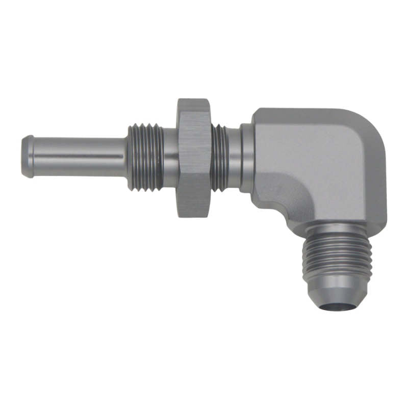 DeatschWerks 6AN Male Flare To 5/16in. Male Barb Bulkhead Adapter 90-Degree (Incl. Nut) 06-02-0712