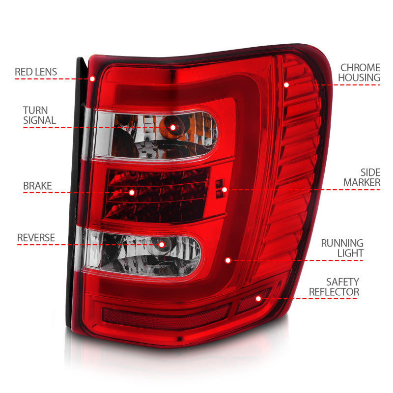 ANZO 1999-2004 Jeep Grand Cherokee LED Tail Lights w/ Light Bar Chrome Housing Red/Clear Lens 311396