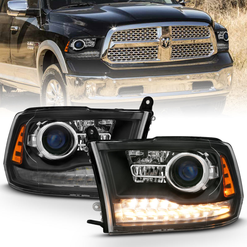 ANZO 2009-2018 Dodge Ram 1500 Projector Headlights Plank Style Halo w/Switchback Matte Black 111489