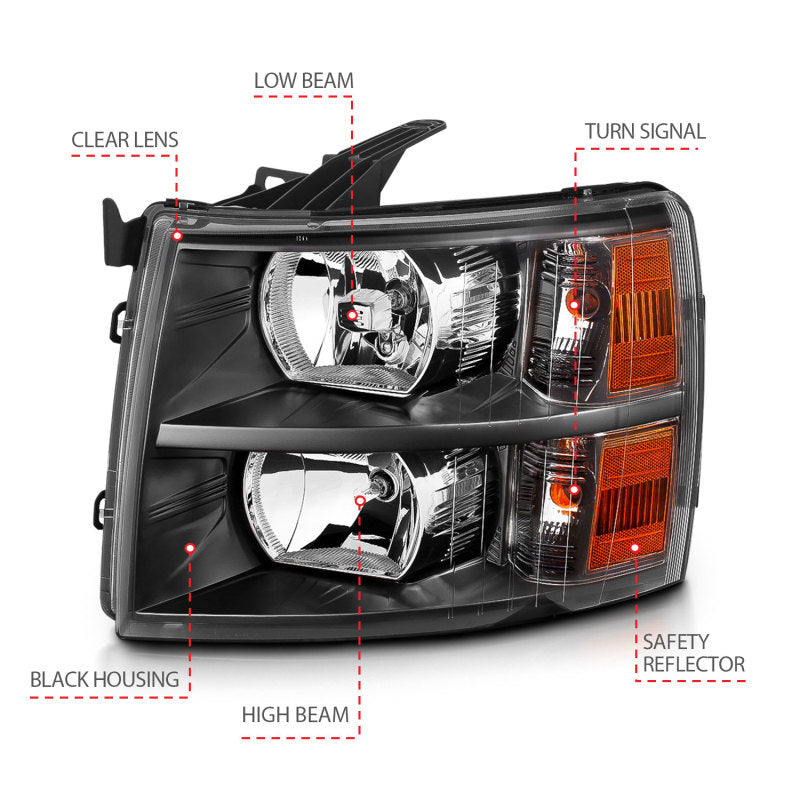 ANZO 2007-2013 Chevrolet Silverado Crystal Headlights Black 111393