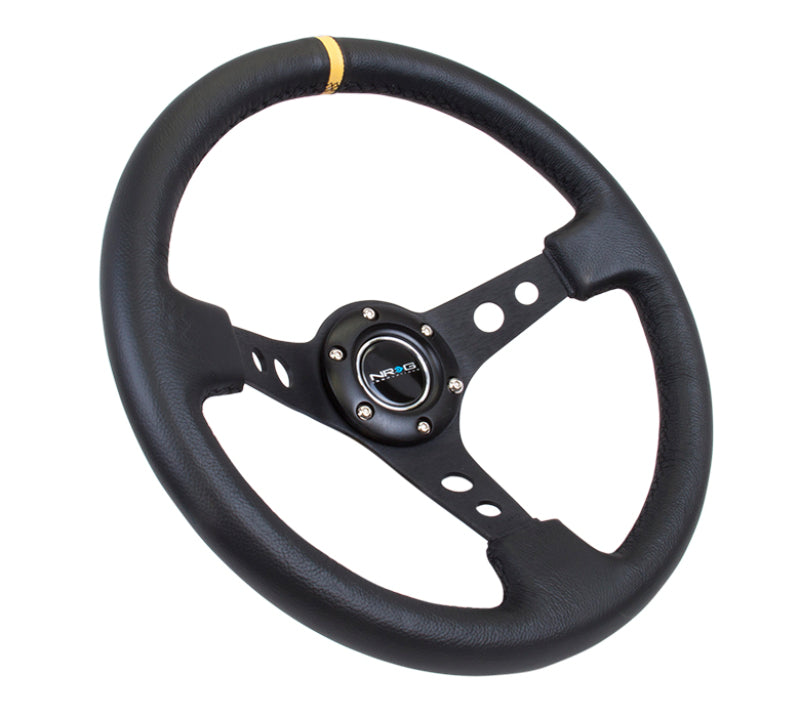 NRG Reinforced Steering Wheel (350mm / 3in. Deep) Blk Leather w/Blk Cutout Spoke/Yellow Center Mark RST-006BK-Y