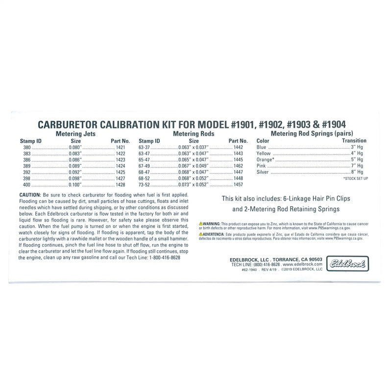 Edelbrock Calibration Kit for 1901 / 1902 / 1903 / 1904 1940