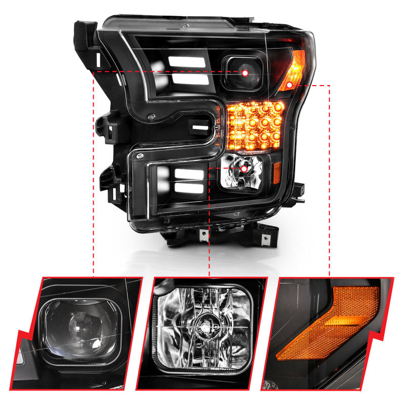 ANZO 15-17 Ford F-150 Project Headlights w/ Plank Style Design Black w/ Amber Sequential Turn Signal 111408