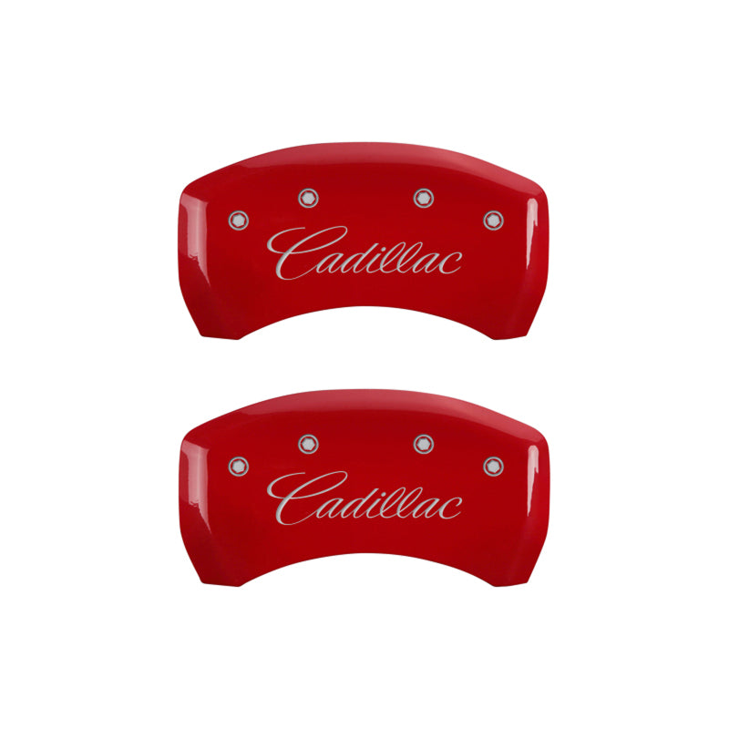 MGP 4 Caliper Covers Engraved Front & Rear Cursive/Cadillac Red Finish Silver Char 2016 Cadillac CT6 35026SCADRD