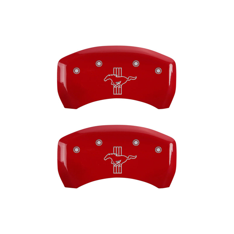 MGP 4 Caliper Covers Engraved Front Mustang Engraved Rear Bar & Pony Red finish silver ch 10198SMBPRD