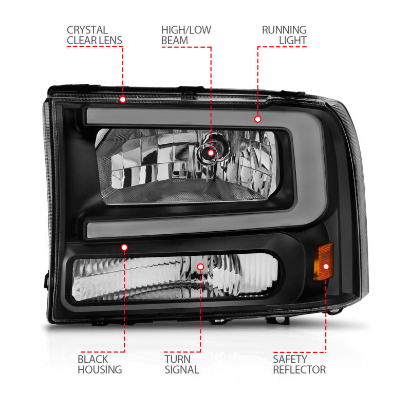 ANZO 99-04 Ford F250/F350/F450/Excursion (excl. 99) Crystal Headlights - w/ Light Bar Black Housing 111549