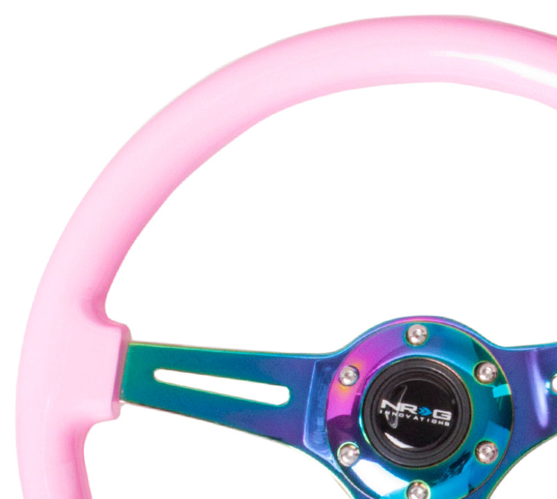 NRG Classic Wood Grain Steering Wheel (350mm) Solid Pink Painted Grip w/Neochrome 3-Spoke Center ST-015MC-PK