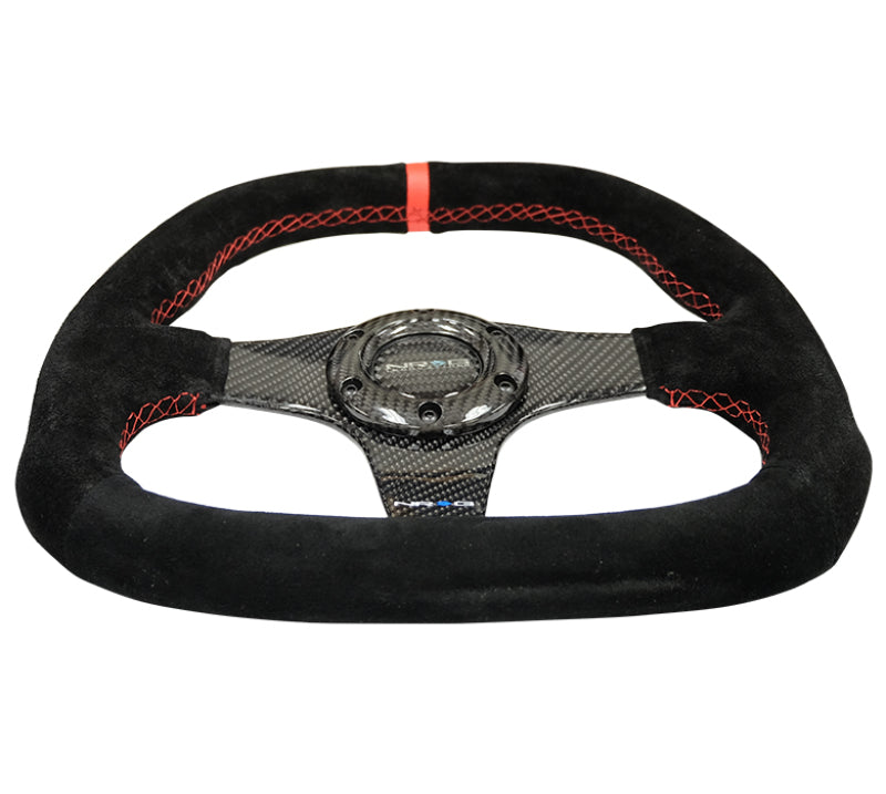 NRG Carbon Fiber Steering Wheel (320mm) Flat Btm. Blk Suede/Red Stitch w/CF Spokes & Red Center Mark ST-019CF