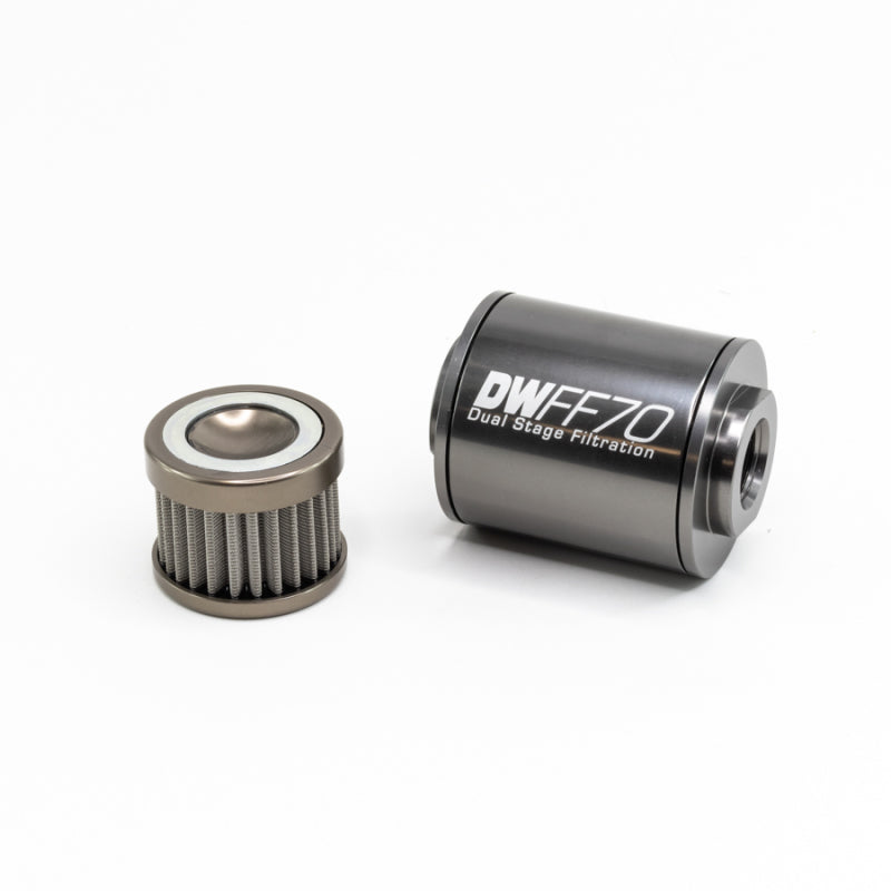 DeatschWerks Stainless Steel 8AN 100 Micron Universal Inline Fuel Filter Housing Kit (70mm) 8-03-070-100K