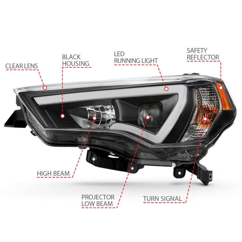 ANZO 14-18 Toyota 4 Runner Plank Style Projector Headlights Black w/ Amber 111416