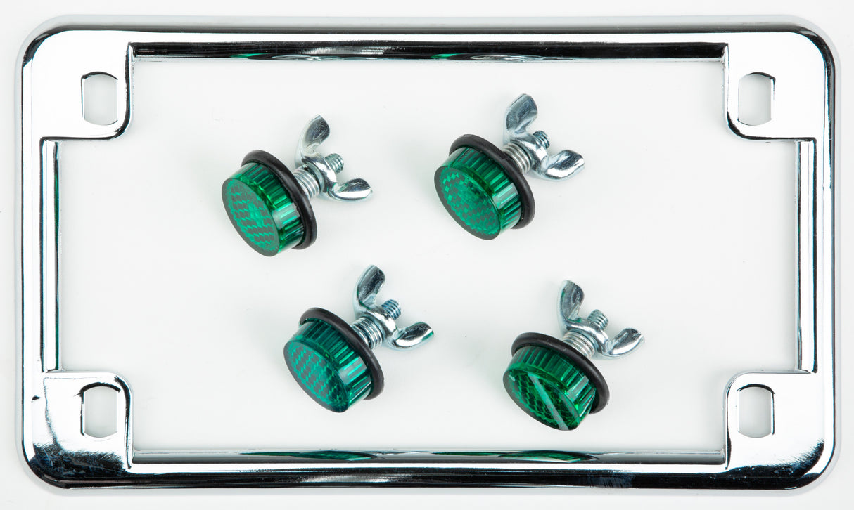CHRIS PRODUCTS License Plate Frame W/4 Green Reflectors Chrome 604