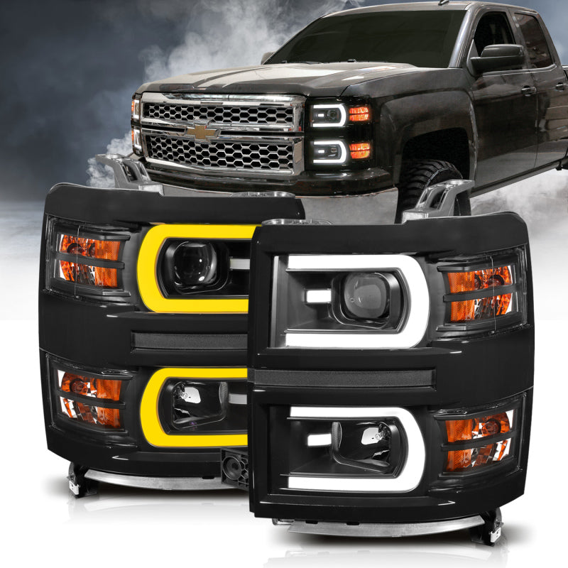 ANZO 14-15 Chevrolet Silverado 1500 Projector Headlights w/ Plank Style Switchback Black w/ Amber 111412