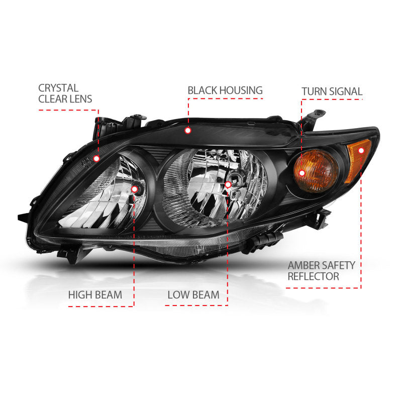 ANZO 2009-2010 Toyota Corolla Crystal Headlight Black Amber 121541