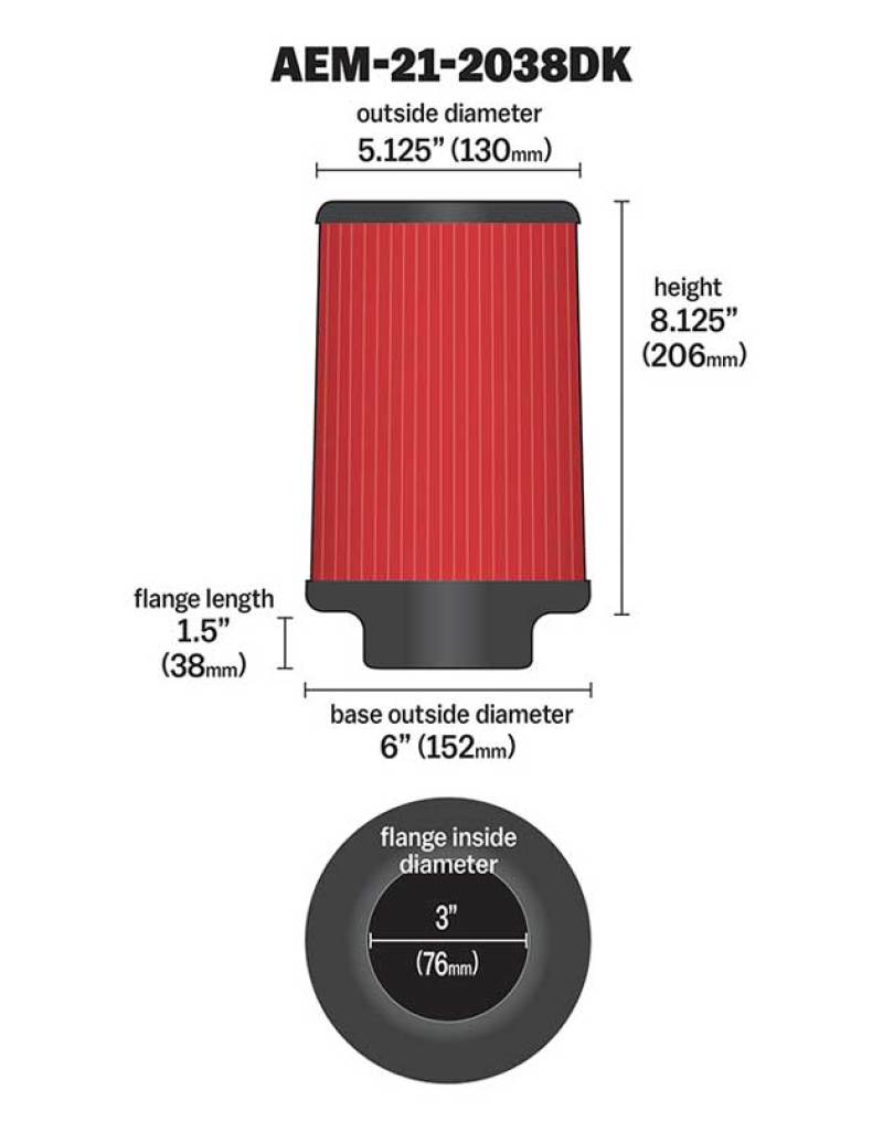 AEM 3 inch Short Neck 8 inch Element Filter Replacement 21-2038DK