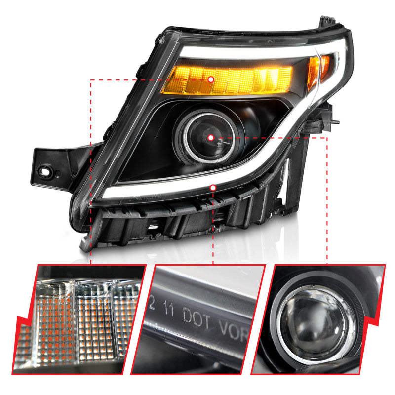ANZO 11-15 Ford Explorer (w/Factory Halogen HL Only) Projector Headlights w/Light Bar Black Housing 111575