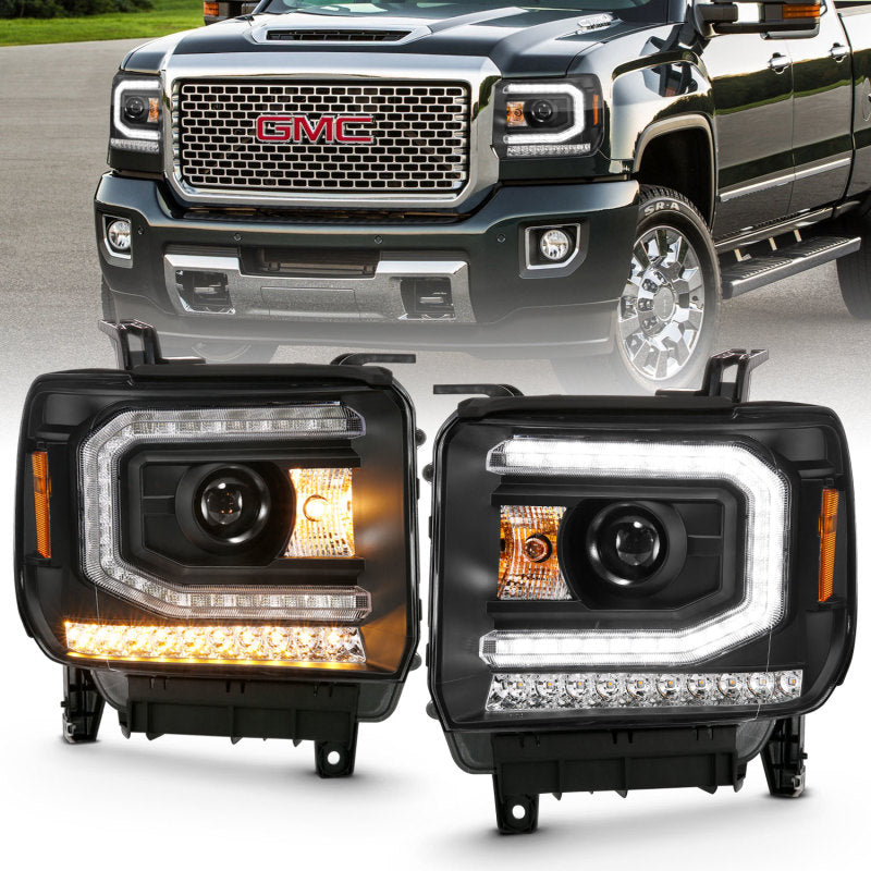 ANZO 2016-2019 Gmc Sierra 1500 Projector Headlight Plank Style Black w/ Sequential Amber Signal 111485