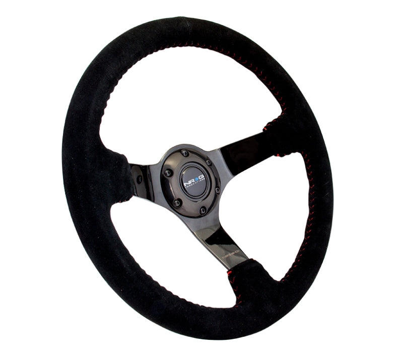 NRG Reinforced Steering Wheel (350mm / 3in. Deep) Blk Suede w/Red BBall Stitch & Black 3-Spoke RST-036BK-S