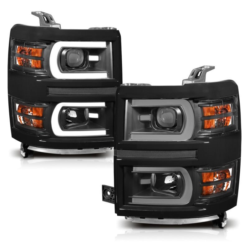 ANZO 14-15 Chevrolet Silverado 1500 Projector Headlights w/ Plank Style Switchback Black w/ Amber 111412