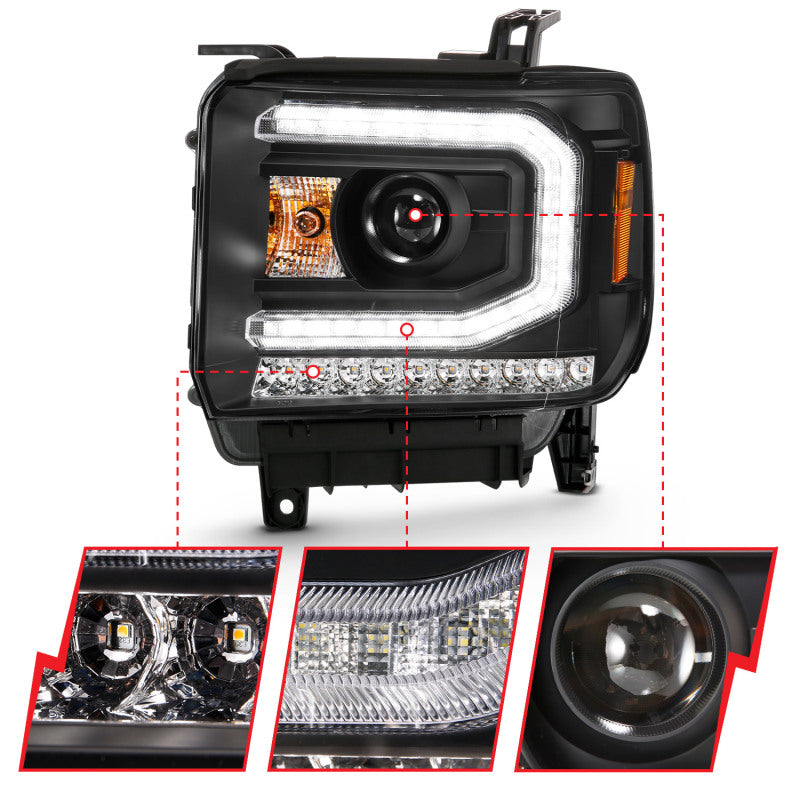 ANZO 2016-2019 Gmc Sierra 1500 Projector Headlight Plank Style Black w/ Sequential Amber Signal 111485