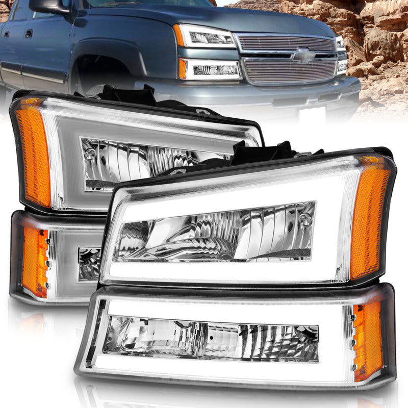ANZO 2003-2006 Chevrolet Silverado 1500 Crystal Headlights w/ Light Bar Chrome Housing 111502