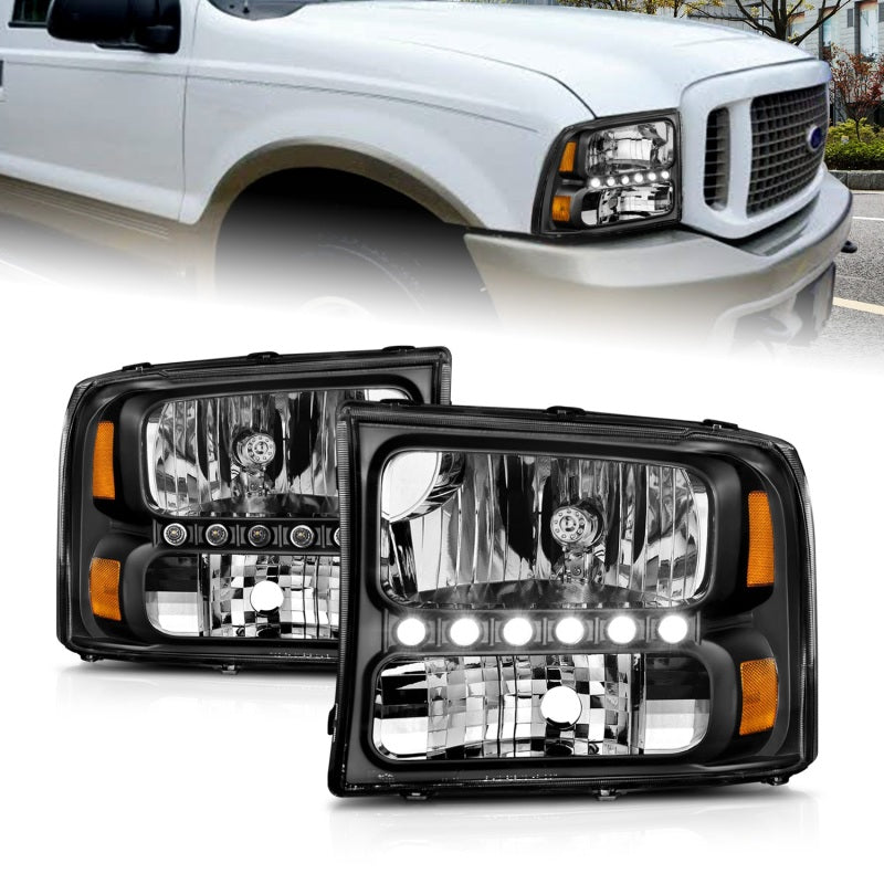 ANZO 2000-2004 Ford Excursion Crystal Headlights Black w/ LED 1pc 111106
