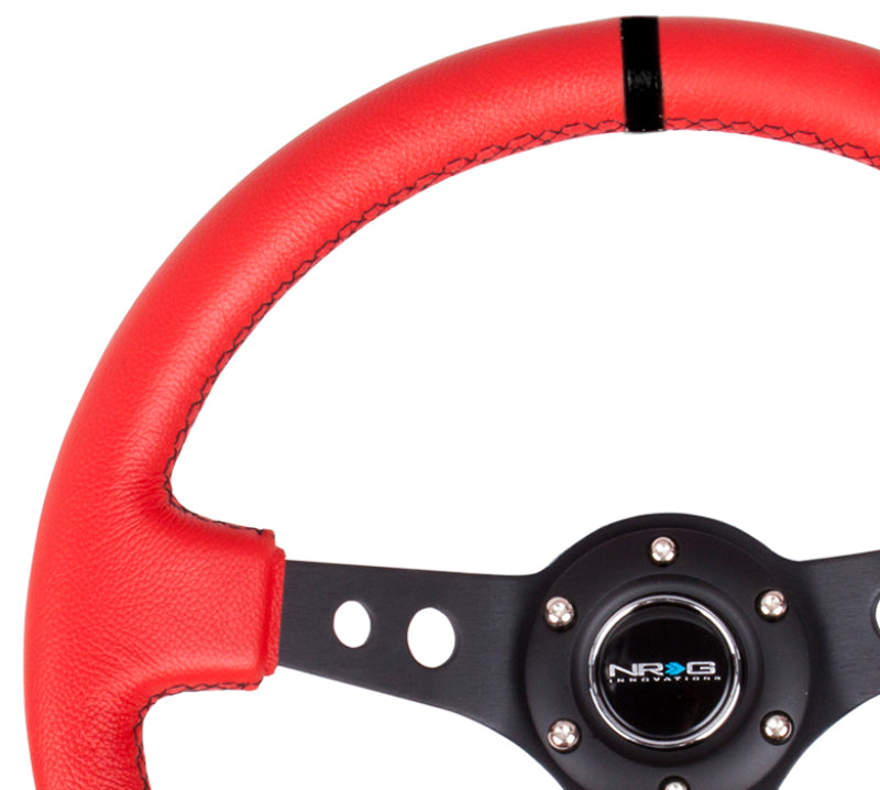 NRG Reinforced Steering Wheel (350mm / 3in. Deep) Red Suede w/Blk Circle Cutout Spokes RST-006S-RR