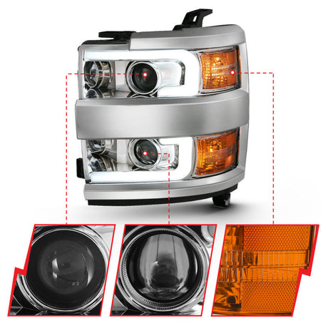 ANZO 2015-2016 Chevrolet Silverado Projector Headlights w/ Plank Style Design Chrome w/ Amber 111360
