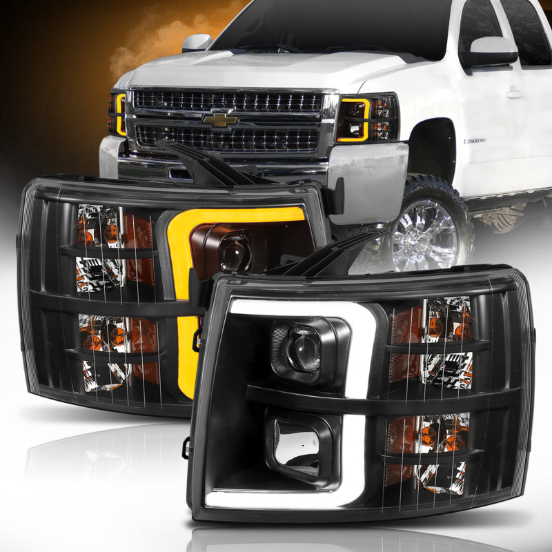 ANZO 07-13 Chevrolet Silverado 1500 Plank Style Projector Headlights Black w/ Amber 111410