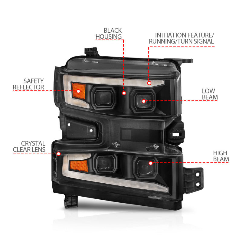ANZO 19-22 Chevrolet Silverado 1500 LED Proj HL w/Lgt Bar SwBk Seq. Blk w/In. Light - Passenger Side 111566-R