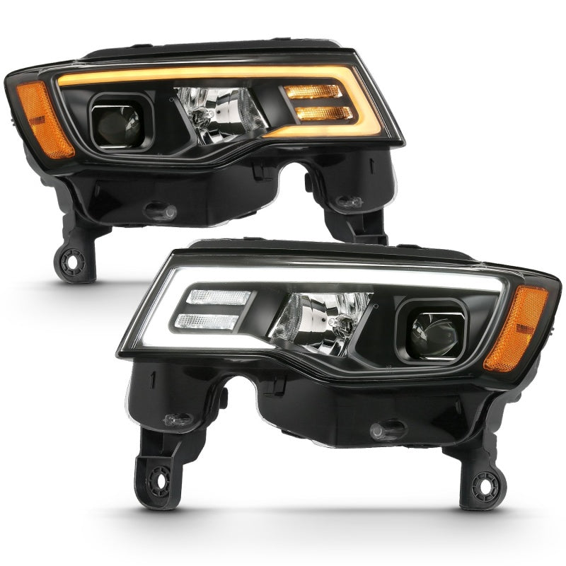 ANZO 2017-2018 Jeep Grand Cherokee Projector Headlights w/ Plank Style Switchback - Black w/ Amber 111418