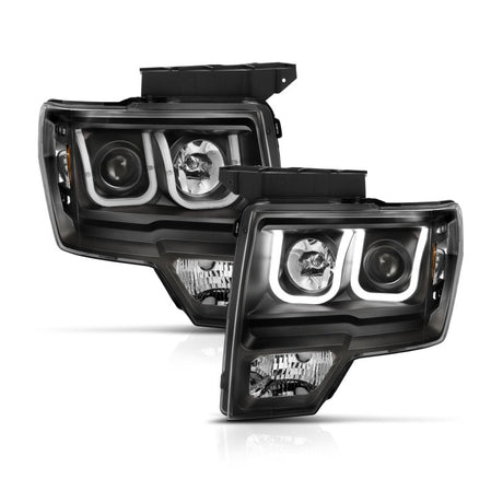 ANZO 2009-2014 Ford F-150 Projector Headlights w/ U-Bar Black Amber (HID TYPE) (WITHOUT HID KIT)