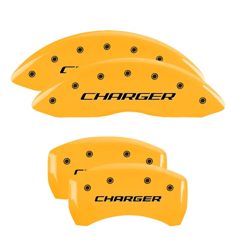MGP 4 Caliper Covers Engraved Front & Rear With stripes/Dodge Red finish silver ch 12181SDD3RD