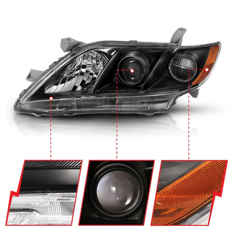 ANZO 2007-2009 Toyota Camry Projector Headlight Black Amber 121539