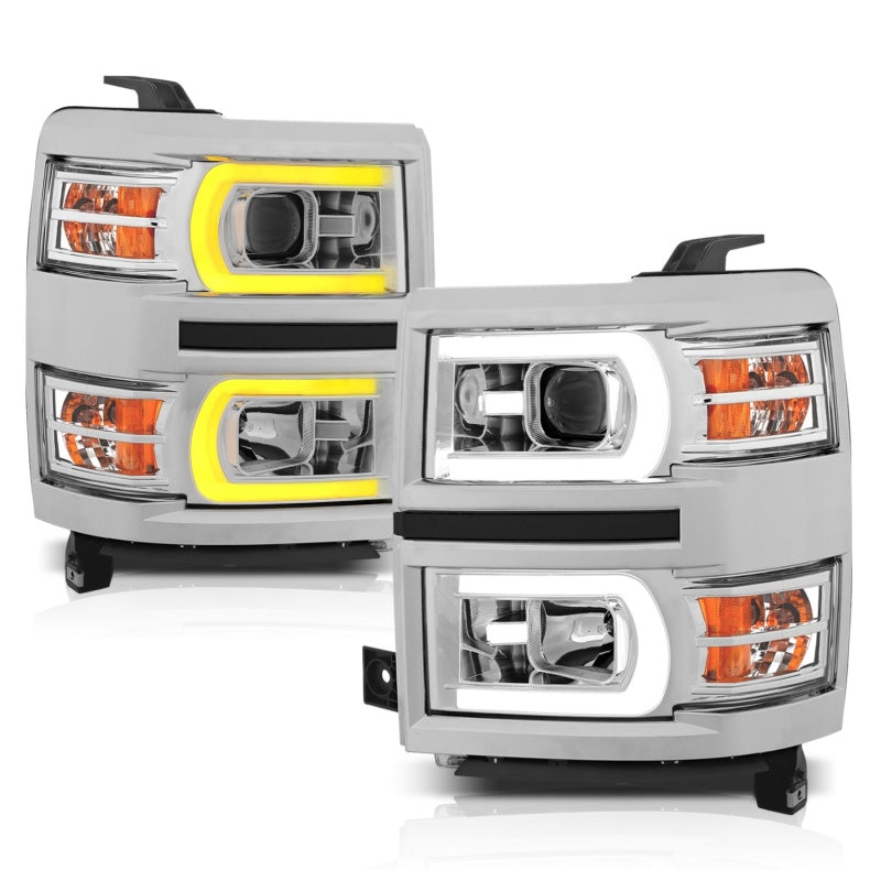 ANZO 14-15 Chevrolet Silverado 1500 Projector Headlights w/ Plank Style Switchback Chrome w/ Amber 111413