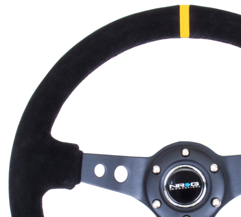 NRG Reinforced Steering Wheel (350mm / 3in. Deep) Blk Suede w/Circle Cut Spokes & Single Yellow CM RST-006S-Y