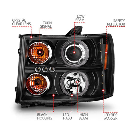 ANZO 2007-2013 Gmc Sierra 1500 Projector Headlights w/ Halo Black 111125