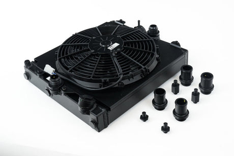 CSF Universal Half Radiator w/-16AN & Slip-On Fittings/12in SPAL Fan & Shroud - Black Finish 2858XB