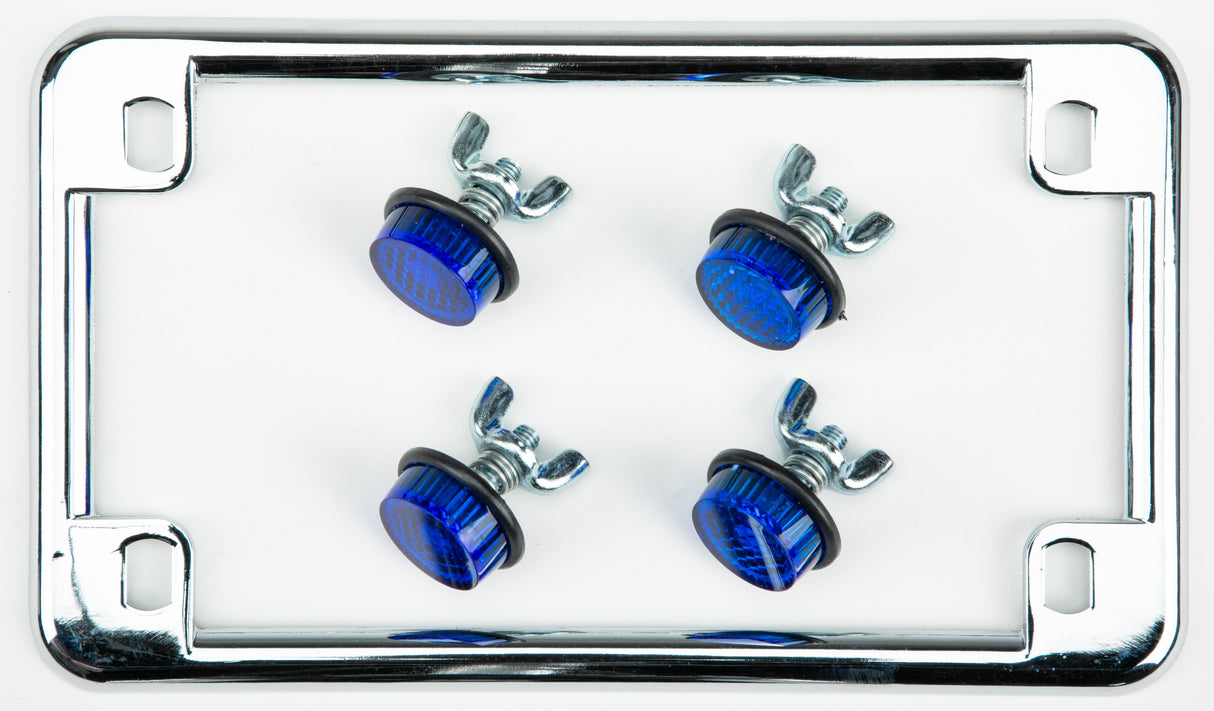 CHRIS PRODUCTS License Plate Frame W/4 Blue Reflectors Chrome 603