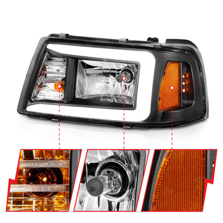 ANZO 2001-2011 Ford Ranger Crystal Headlights w/ Light Bar Black Housing 111511