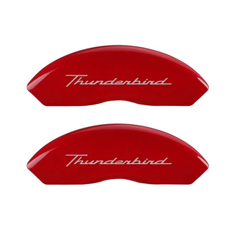 MGP 4 Caliper Covers Engrvd Front No bolts/Tbird Engrvd Rear/Tbird Emblem Red fnsh slvr ch 10086STDBRD