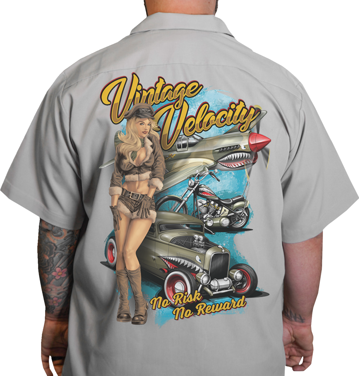 LETHAL THREAT Flying Tiger Pinup Shop Shirt - Gray - Medium DG60158M