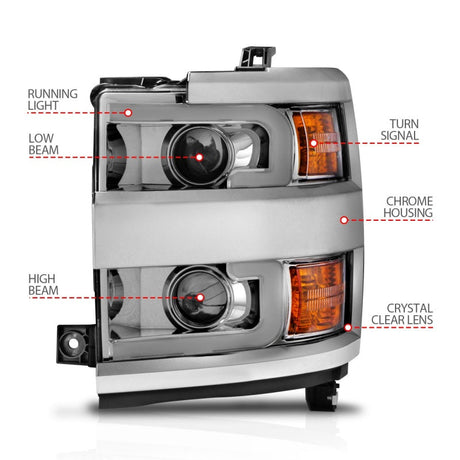 ANZO Projector Headlights 15-17 Chevrolet Silverado 2500HD / 3500HD Chrome w/ Chrome Rim 111366