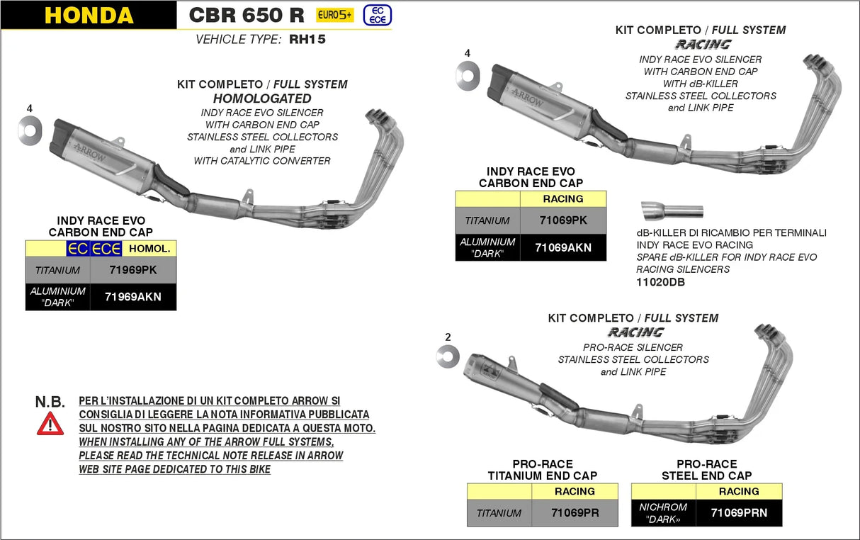 71069PK Arrow Indy-Race Evo Racing Full Exhaust Titanium Stainless Steel Collectors CBR650R 2024 - 2025 2026